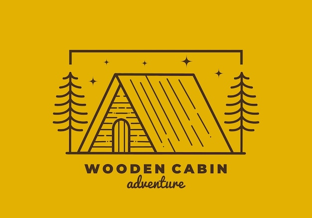 Vector retro line art design of a log cabin