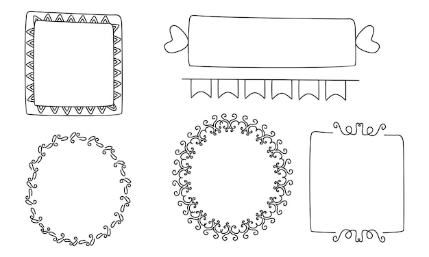 Vector retro line drawing frames, ribbons, florals, decorations and plants