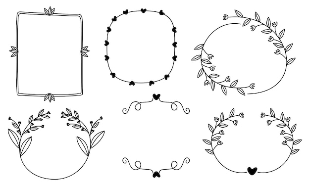 Vector retro line drawing frames, ribbons, florals, decorations and plants