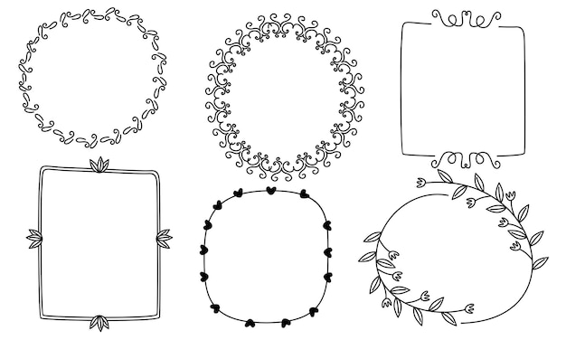 Retro line drawing frames, ribbons, florals, decorations and plants