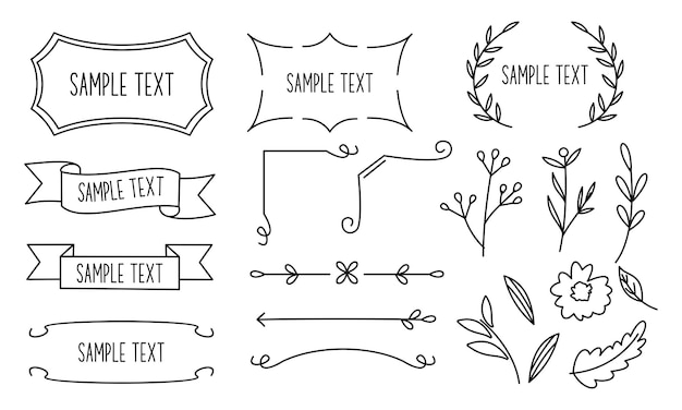 Vector retro line drawing frames, ribbons, florals, decorations and plants