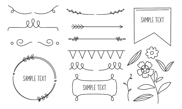 Vector retro line drawing frames, ribbons, florals, decorations and plants