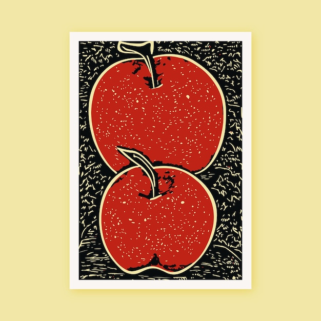 Retro Linocut Art Drawing Apples Fruit Lover Print