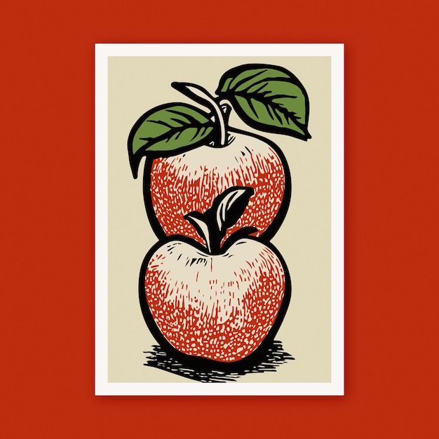 Retro Linocut Art Drawing Apples Fruit Lover Print