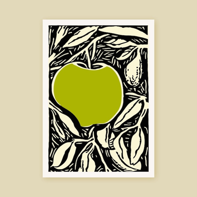 Retro Linocut Art Drawing Apples Fruit Lover Print