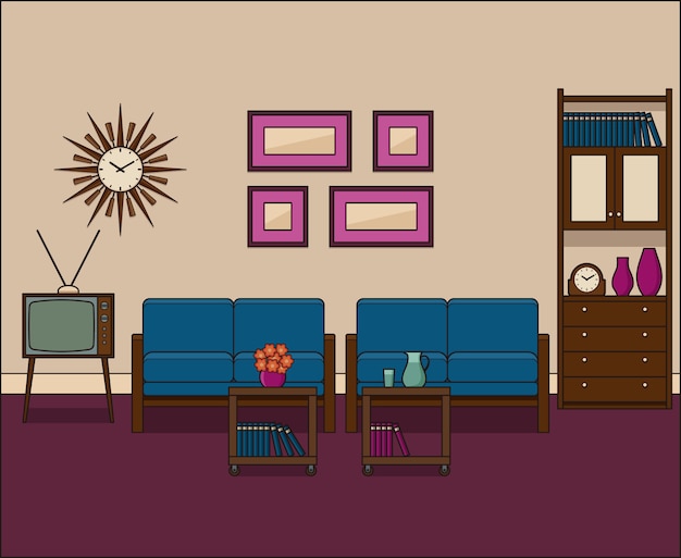 Vector retro living room interior. linear  illustration.