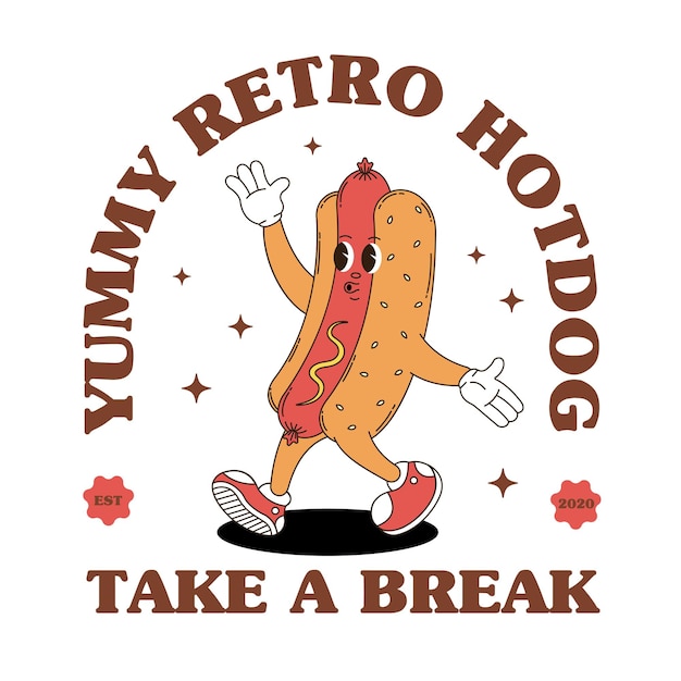 Retro logo mascot with hotdog Groovy food mascot for bistro pub cafe menu and more