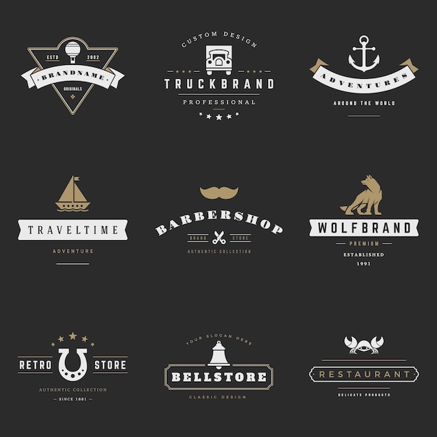 Retro logo's vector set Vintage grafische ontwerpelementen voor logo's identiteitslabels badges linten pijlen en andere objecten