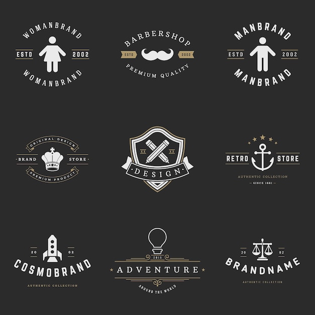 Ретро логотипы векторный набор Винтажные элементы графического дизайна для логотипов идентификационные этикетки значки ленты стрелки и другие объекты