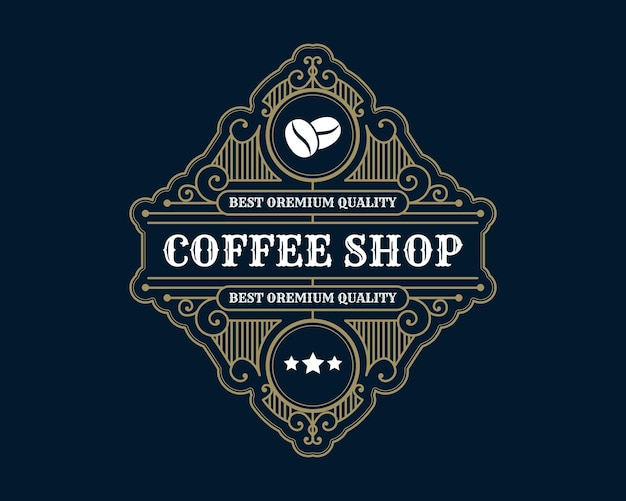 Retro luxury vintage coffee shop logo emblem with decorative ornamental frame for coffee house cafe