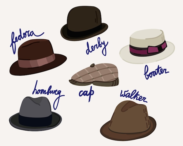 Retro man's hats. Vector collection of vintage hats of 1930-s. Fedora, derby, boater, homburg, cap,