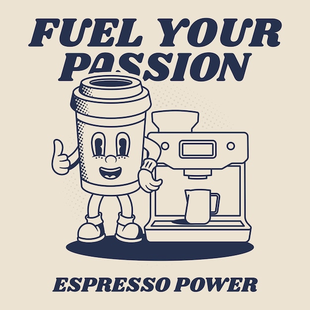 Retro Mascot Character Illustratie van Koffiekop en Koffiemachine in Outline Version