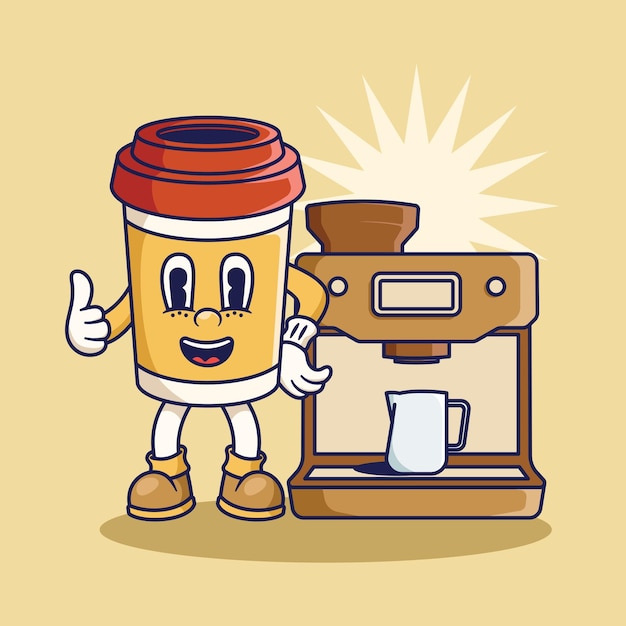 Retro Mascot Character Illustration of Coffee Cup and Coffee Machine