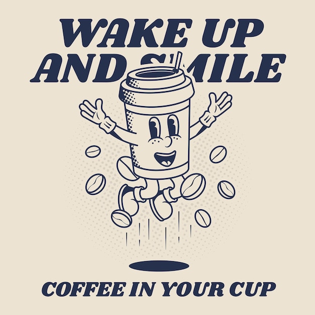 Vector retro mascot character illustration of jumping coffee cup in outline version