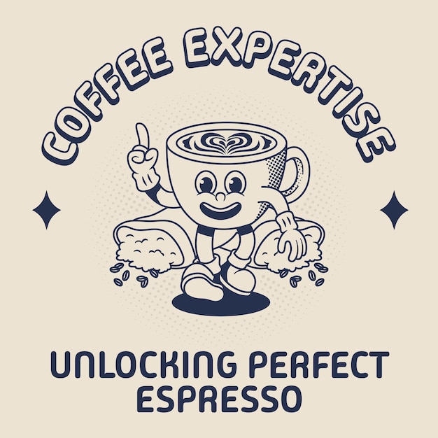 Вектор Ретро-маскотный персонаж иллюстрация чашки кофе аха момент в контурной версии