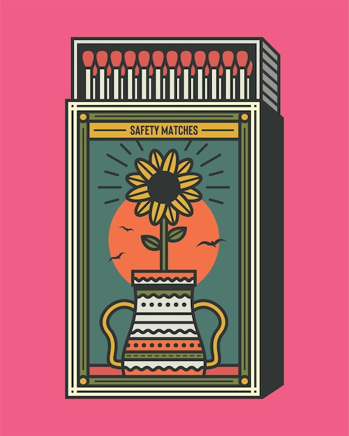 Retro matchbox and matches vector illustration vintage and cool matchbox packaging design