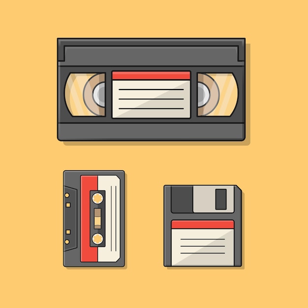 Vector retro media storage 90s storage media vhs video cassette audio cassette and floppy disk nostalgia