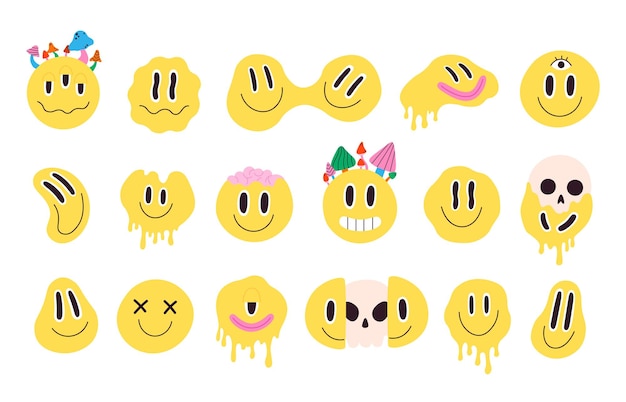 Retro melting crazy and dripping smiley face with mushrooms. distorted graffiti emoji with skull. hippie groovy smile character vector set