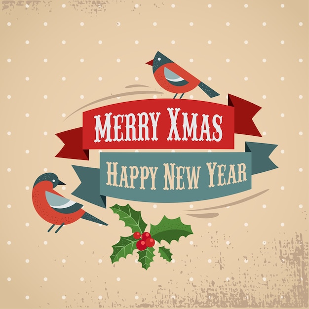 Retro merry christmas and happy new year greeting card template with robin and mistletoe .