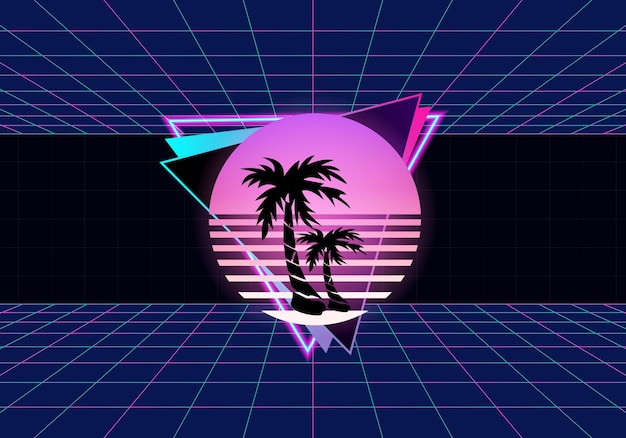 Vector retro met roze zon en kokospalmen