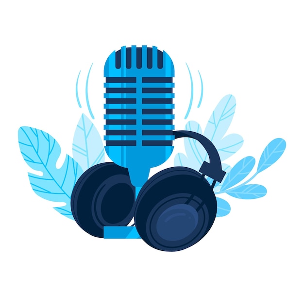 Retro microfoon met koptelefoon muziek opname studio apparatuur podcast concept online radio