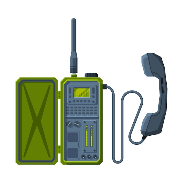 Vector retro military radio transmitter device walkie talkie flat vector illustration