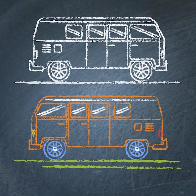 Retro minivan sketch on chalkboard