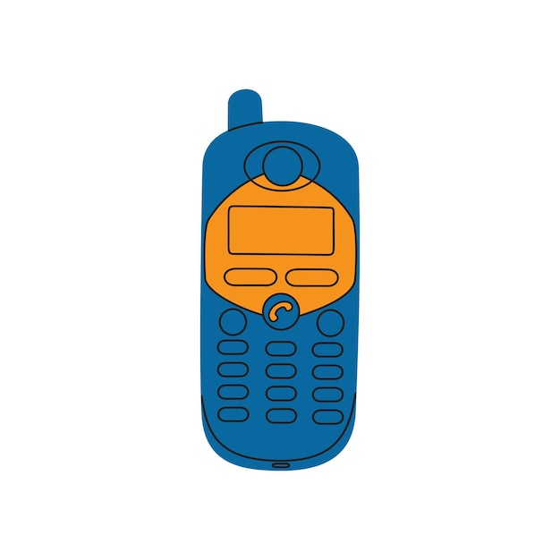 Retro mobile phone. Electronic wireless communication device. Hand drawn vector illustration