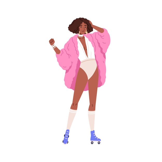Retro mode van de jaren 80. Vrouw in funky outfit uit de jaren 80. Jong Afrikaans meisje in badkleding, bontjas, rolschaatsen. Stoere chique kleding uit de jaren tachtig. Platte vectorillustratie geïsoleerd op een witte achtergrond.
