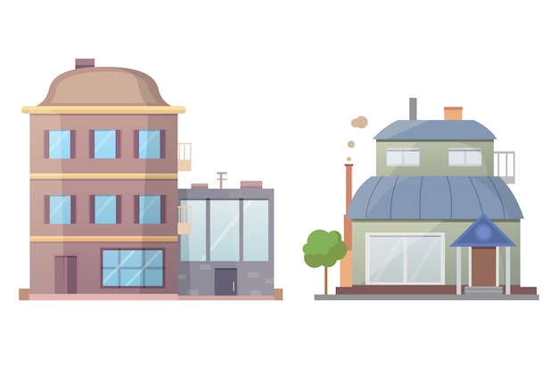 Vector of retro and modern city houses. old buildings, skyscrapers. colorful cottage building, cafe house.