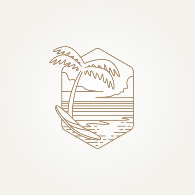레트로 monoline 서핑 해변 라인 아트 배지 아이콘 로고 템플릿 벡터 일러스트 레이 션 디자인 간단한 현대 서핑 클럽 서핑 tshirt 또는 상점 상징 로고 개념