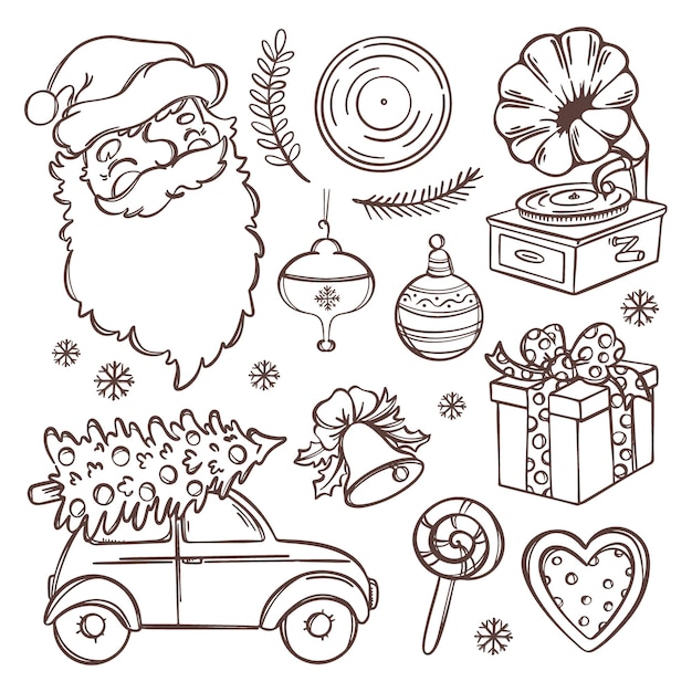 Retro mood christmas set santa gifts and car delivering tree