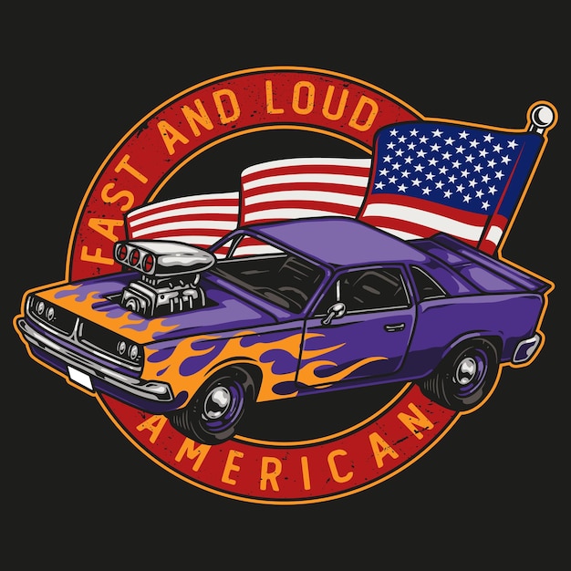 Retro muscle car vintage colorful label