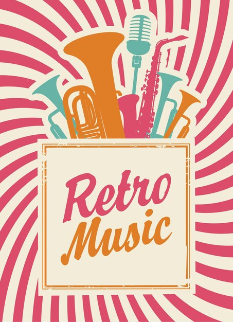 Vector retro music banner with wind instruments and microphone