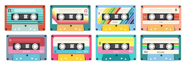 Vector retro music cassette. stereo dj tape, vintage 90s cassettes tapes and audio tape. antique radio play