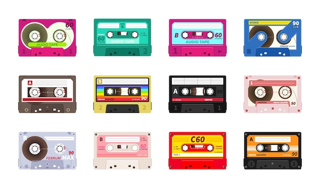 Retro music cassettes realistic old school sound record technology 90s and 80s party and entertainment audio recording tape in colorful plastic body vector vintage decoration set