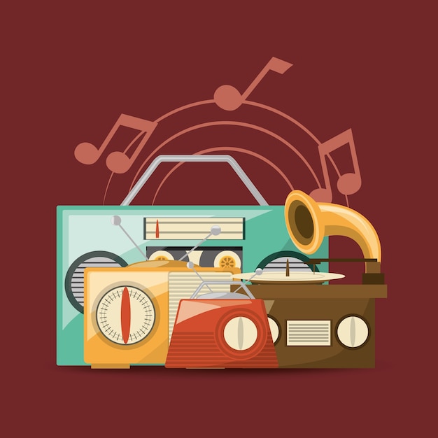 Retro music devices over red background