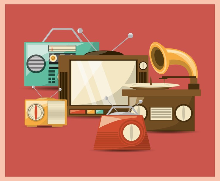 Vector retro music devices and television over red background
