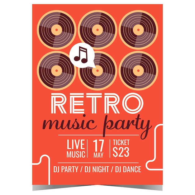 Retro music party promo poster or invitation banner with vinyl records on background