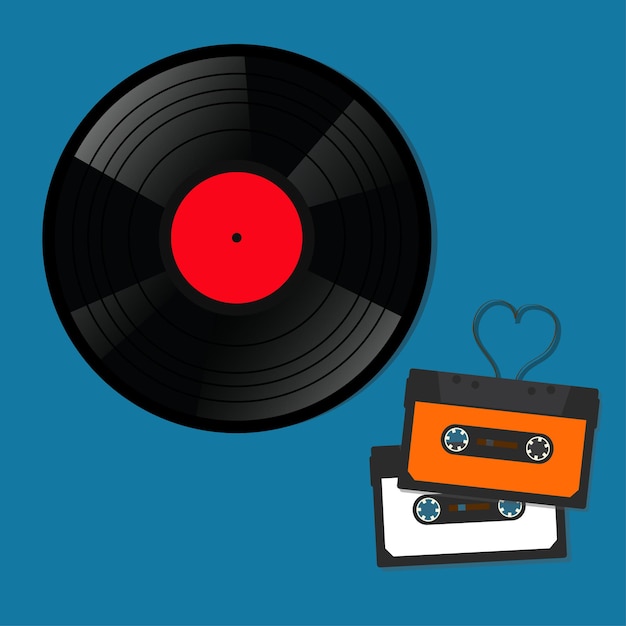 Registrazioni di musica retrò, audiocassette, dischi in vinile. illustrazione vettoriale.