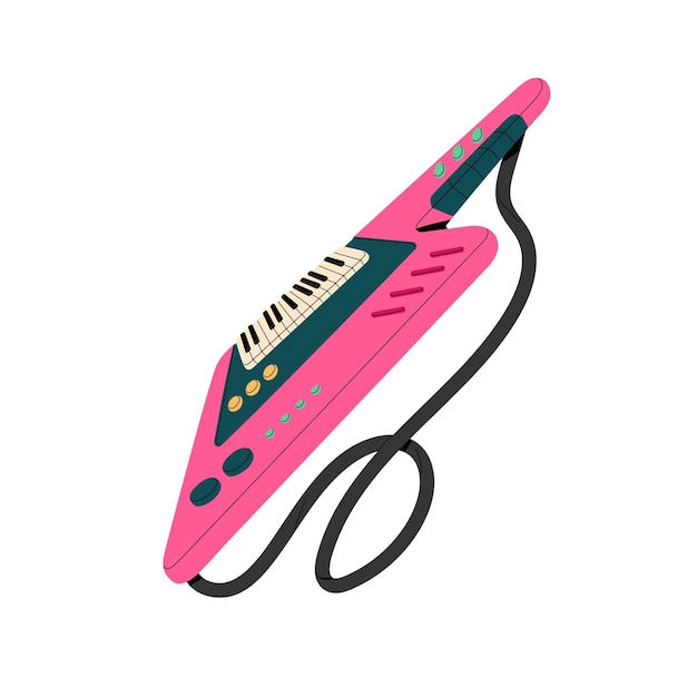 Retro musical instrument Pink guitar with keyboard vintage synthesizer with fretboard electric keytar 80s music 90s sound equipment Flat isolated vector illustration on white background