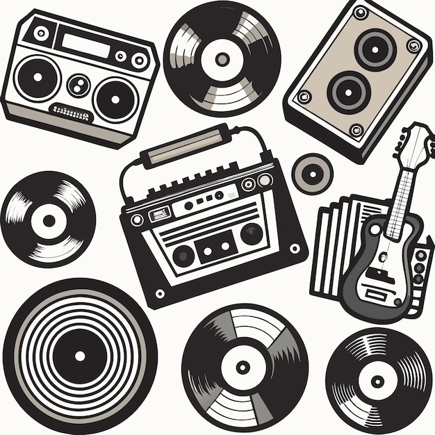 Retro muziek iconen, waaronder een boombox gitaar en vinyl platen