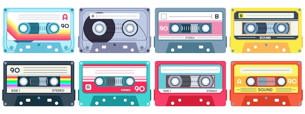 Vector retro muziekcassette. stereo dj-tape, vintage cassettebandjes en audiobandenset