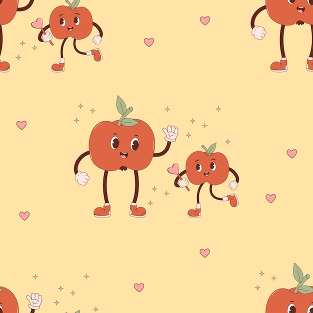 Retro naadloos patroon Happy stripfiguren appel Groovy fruitfamilie