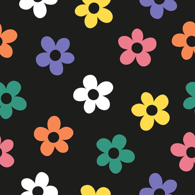 Retro naadloos patroon met kleurrijke bloemen en zwarte achtergrond