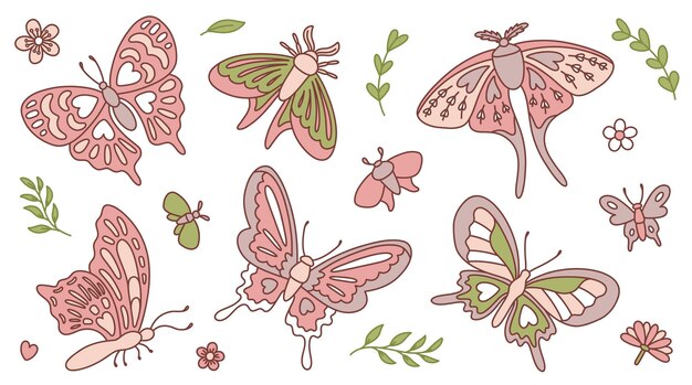 Vector retro natural set with butterflies leaves and flowers in 60s 70s style hippie style illustration