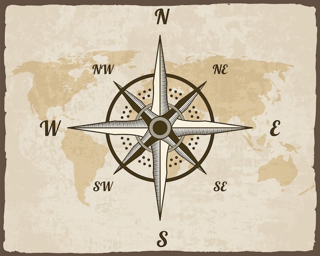 Retro nautical compass hand drawn wind rose on map background old vector design element for marine theme and heraldry vintage rose of wind for sea marine navigation