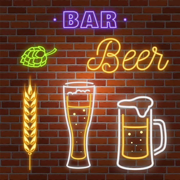 Vector retro neon beer bar teken op bakstenen muur achtergrond