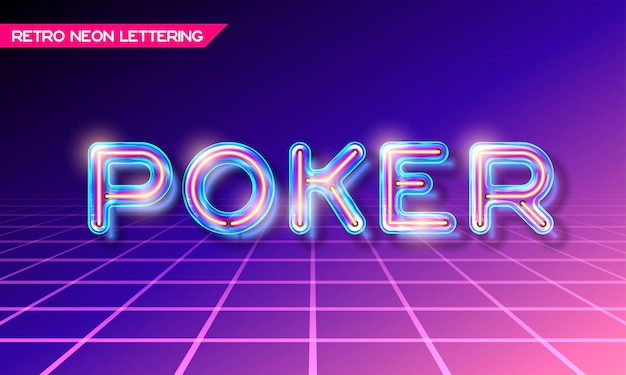 Vettore scritta poker in vetro incandescente al neon retrò con trasparenza e ombre