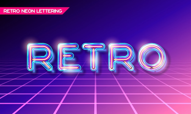 Vector retro neon glowing glass retro lettering with transparency and shadows